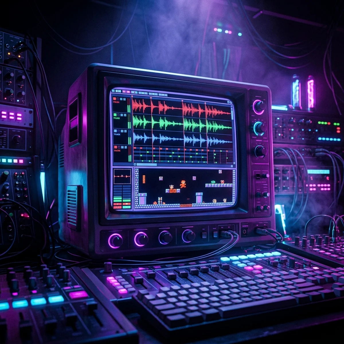 Tela de um editor de música chiptune com uma melodia rodando ao lado de um jogo retro em pixel art