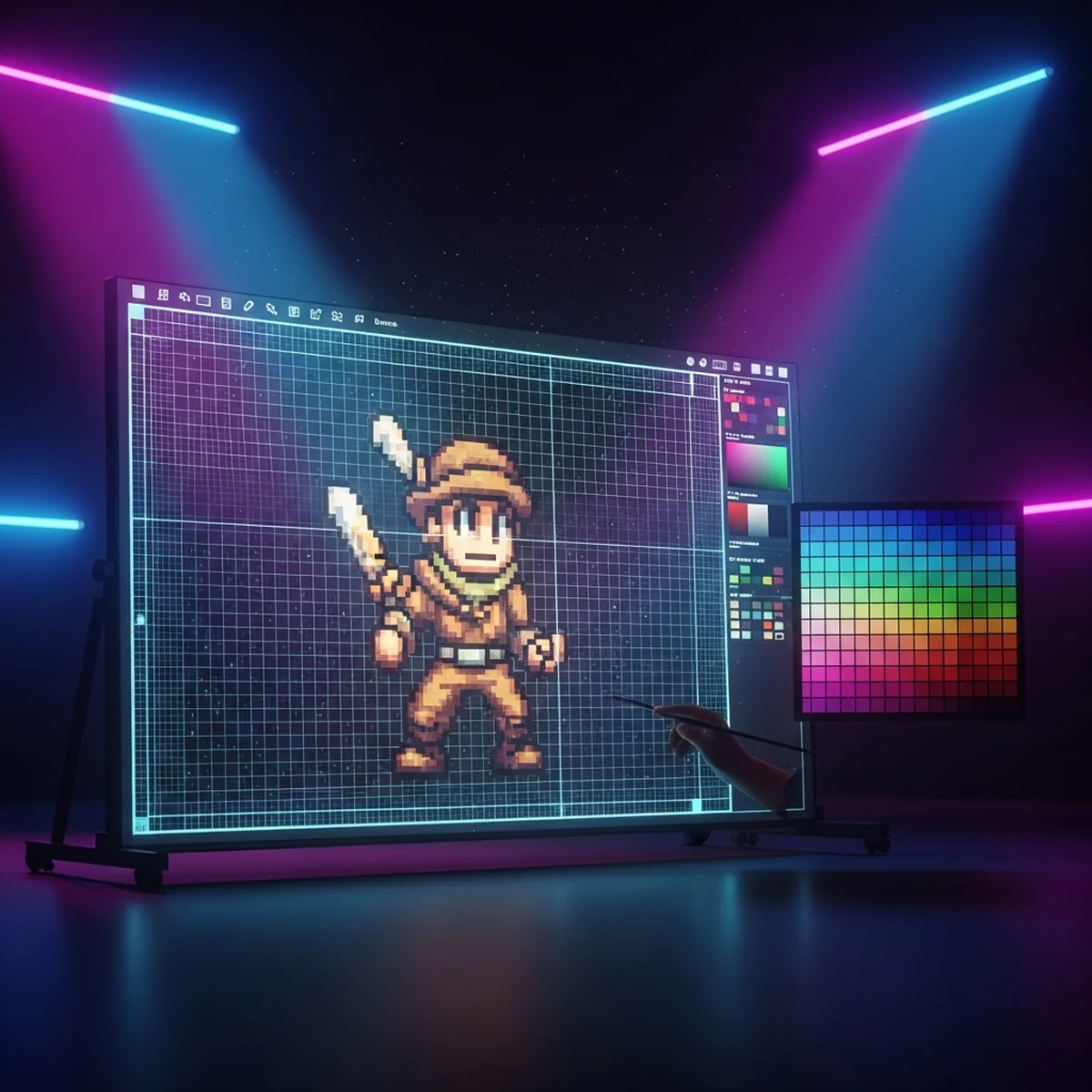 Tela de editor de pixel art com grade ampliada mostrando um personagem sendo desenhado pixel a pixel, com paleta de cores ao lado do canvas