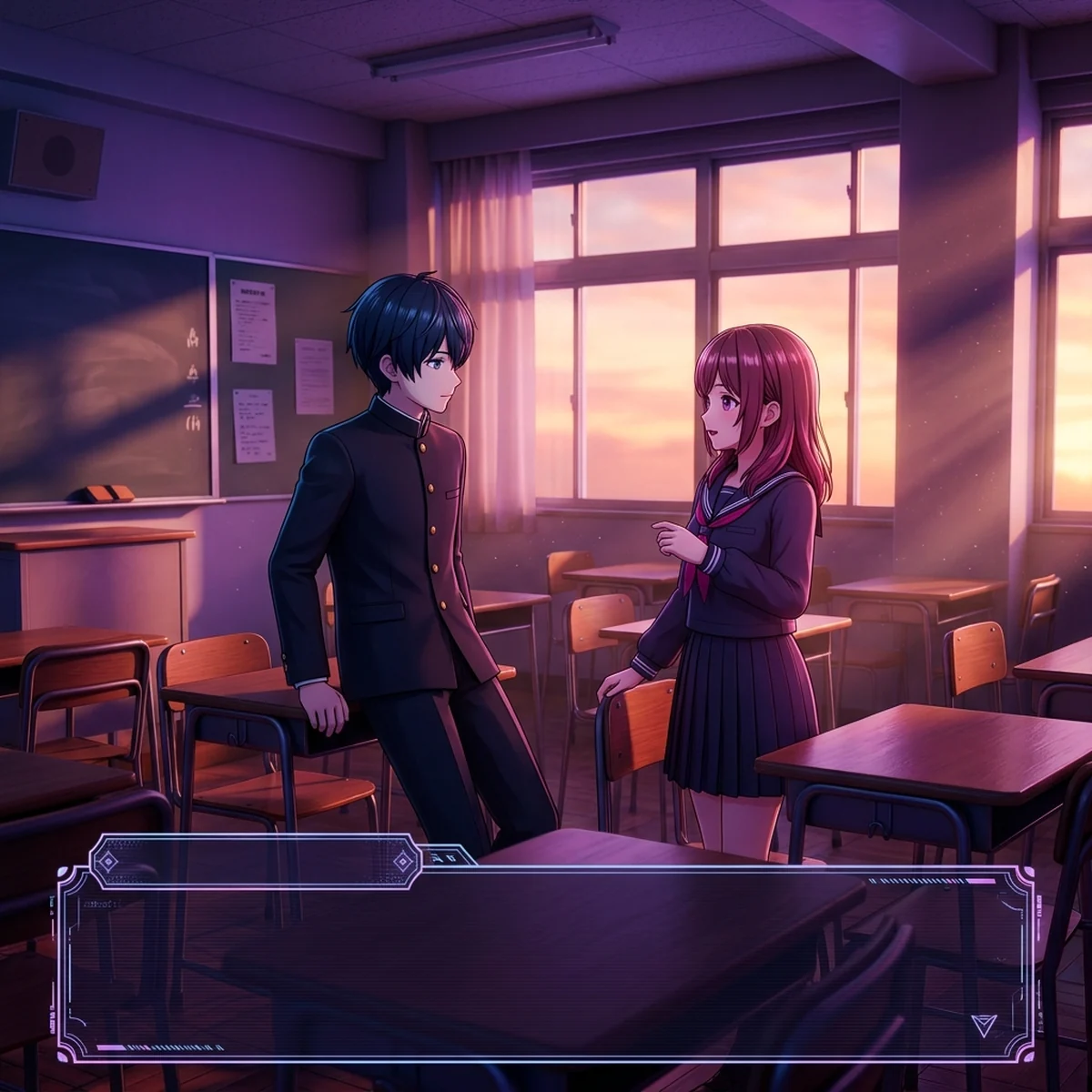Tela de uma visual novel feita no Ren'Py com retrato de personagem e caixa de dialogo com escolhas