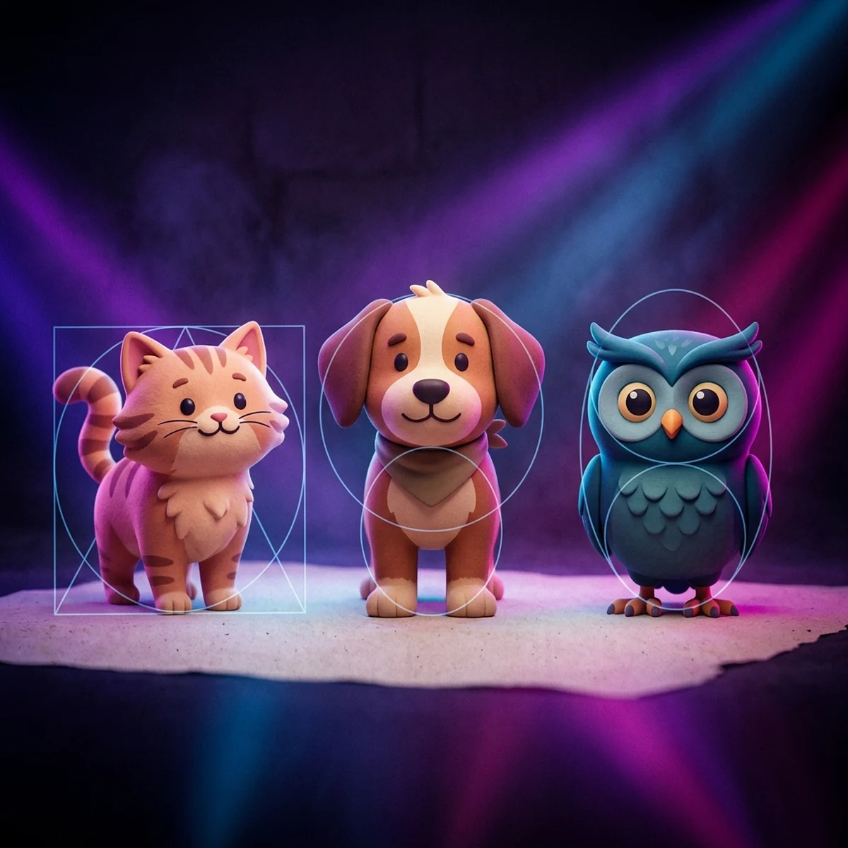 Gato, cachorro e coruja em estilo cartoon lado a lado, cada um construído sobre uma forma simples visível por baixo do traço