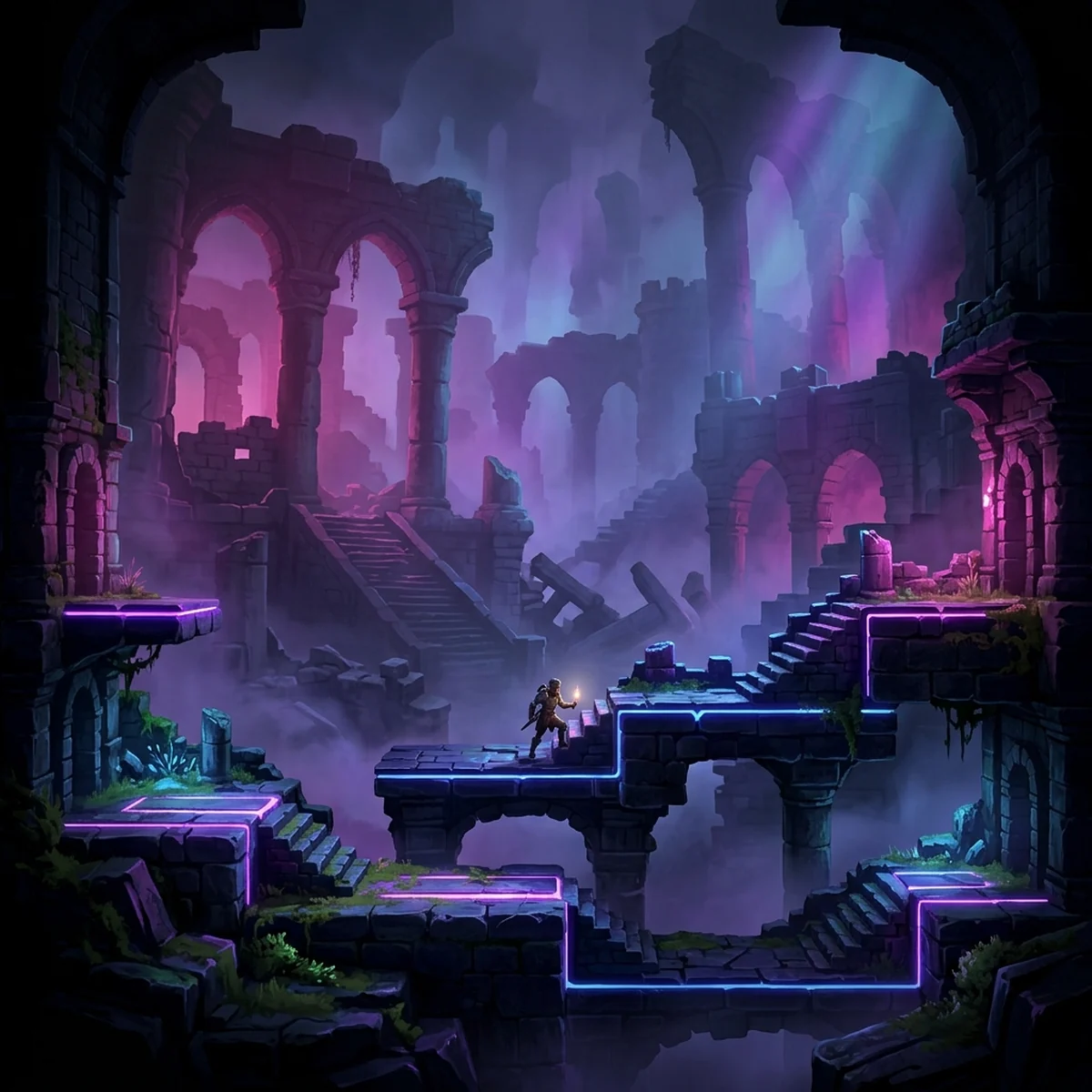 Cenário pintado de jogo de plataforma com chão e plataformas nítidos na frente de um fundo de ruínas suave