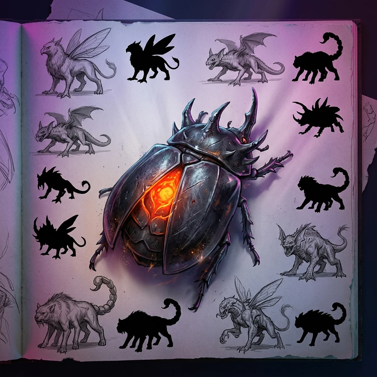 Esboços de criaturas de jogo misturando animais, como um besouro com chifres de carneiro e um morcego com corpo de peixe