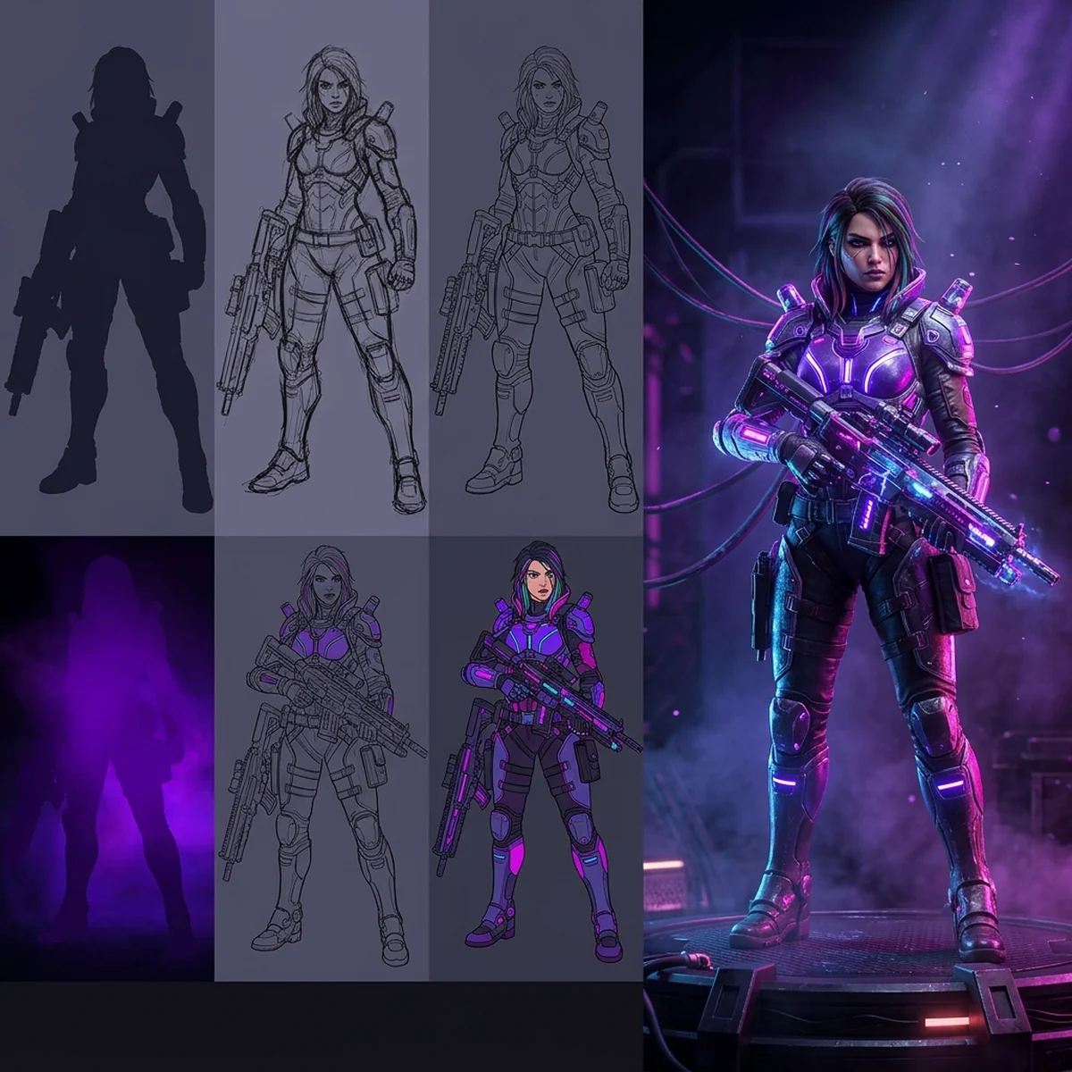 Folha de character design mostrando a evolução de uma silhueta até um personagem de jogo finalizado, com etapas de rascunho