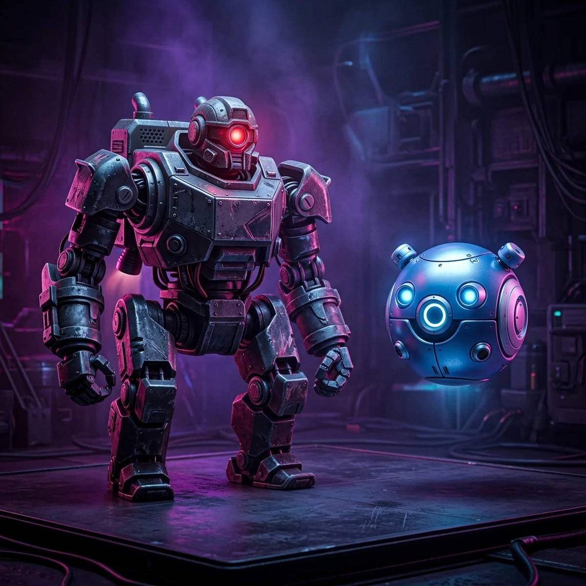 Dois robôs de jogo lado a lado, um inimigo pesado e quadrado e um ajudante pequeno e redondo, com as juntas destacadas