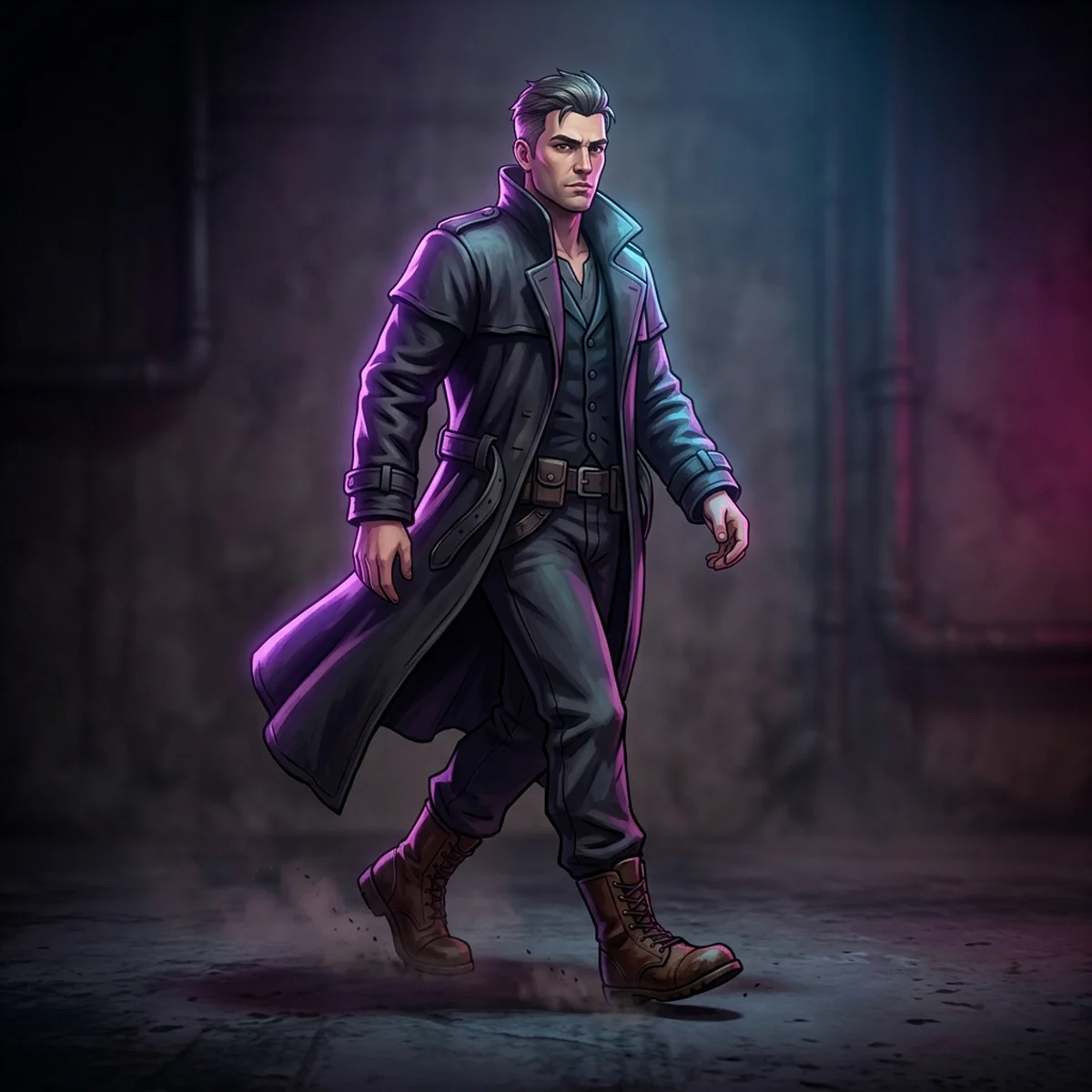 Personagem de jogo com casaco e calça, setas marcando as dobras saindo do ombro, do cotovelo e do joelho