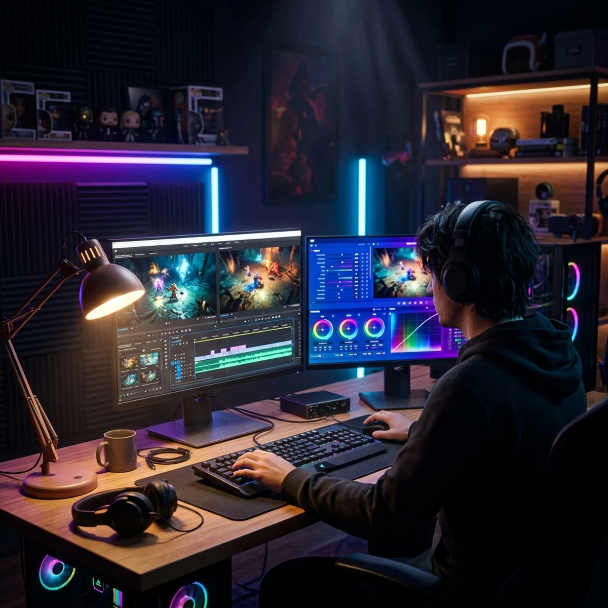 Pessoa editando vídeo de gameplay numa timeline de edição com painel de cor e áudio na tela