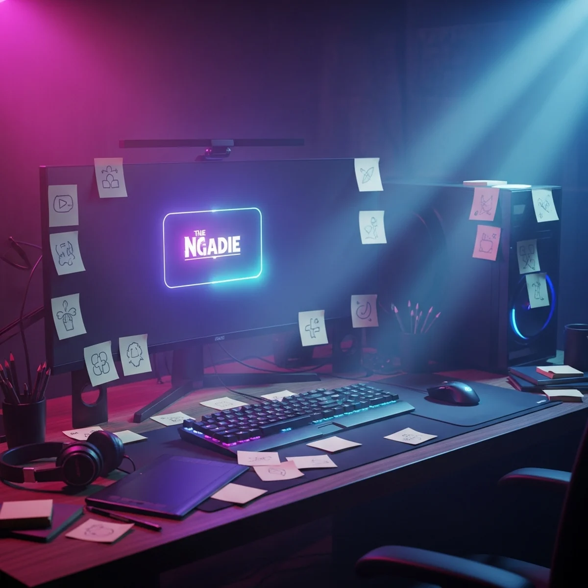 Tela de computador mostrando o título de um jogo indie sendo escrito, com anotações de nomes ao redor