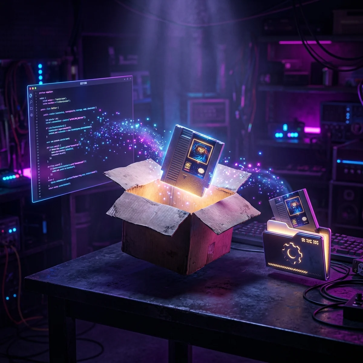 Caixa de papelão aberta com um cartucho de jogo brilhando dentro, saindo de uma janela de editor para uma pasta no computador