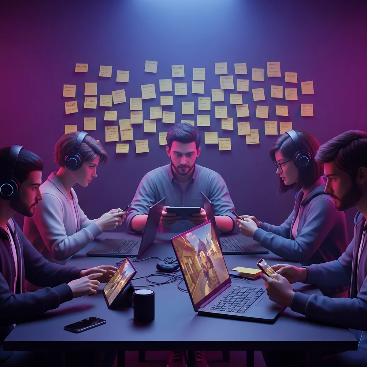 Grupo de pessoas jogando o mesmo jogo em computadores diferentes e anotando observações