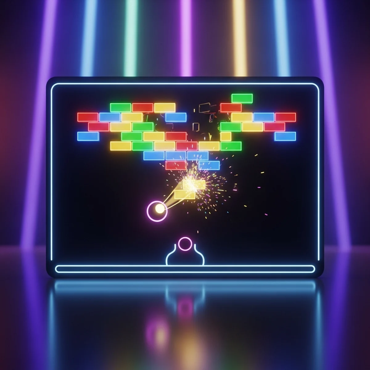 Bola quicando na raquete com fileiras de blocos coloridos no topo da tela, estilo Breakout, feito na Godot 4