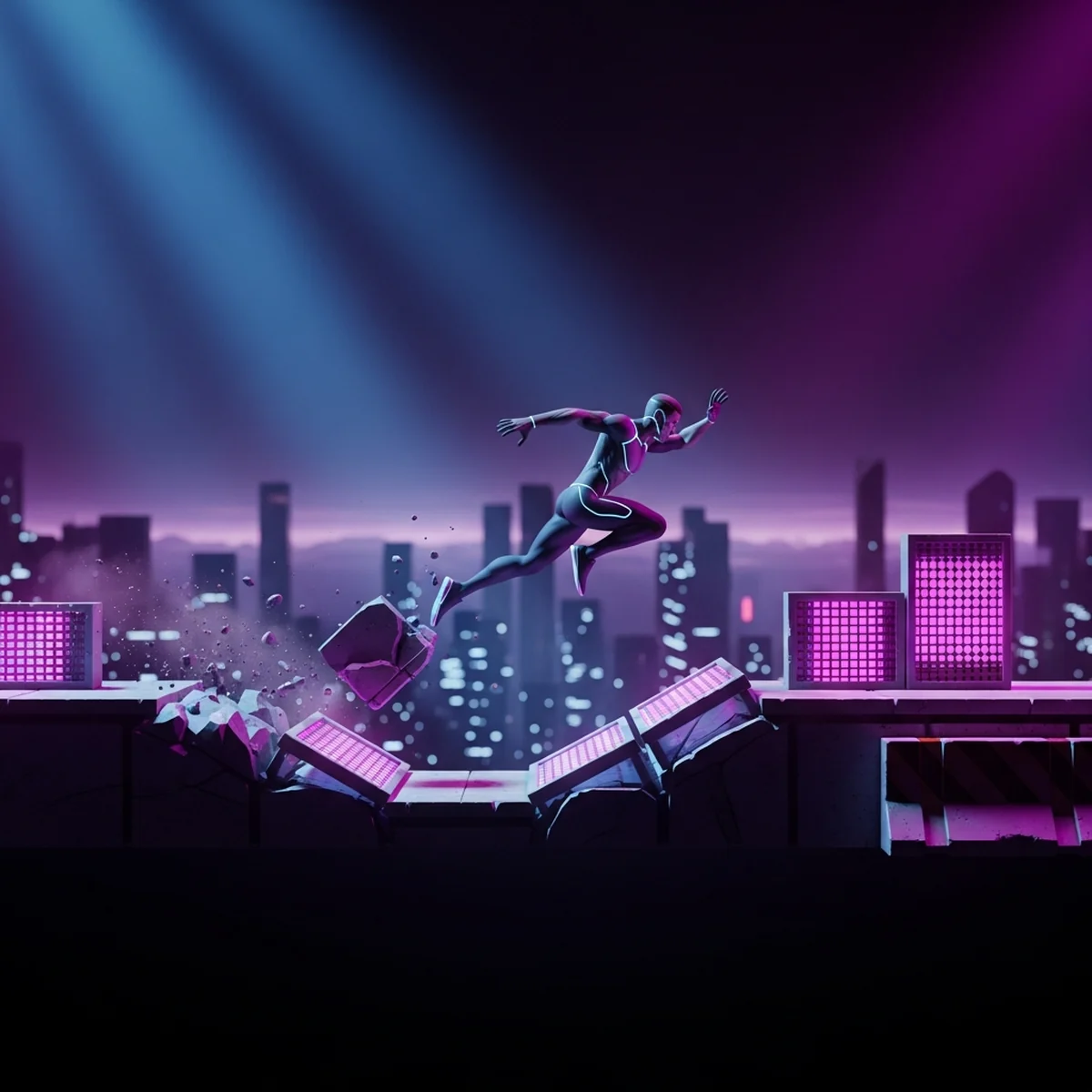 Personagem 2D correndo e pulando obstaculos num cenario com parallax, estilo corredor infinito