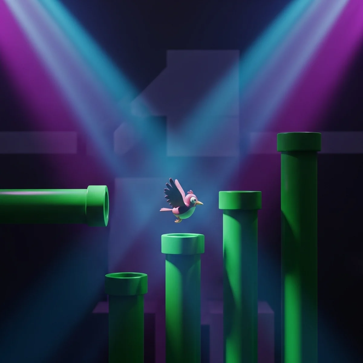 Passaro 2D voando entre canos verdes com um gap no meio, estilo Flappy Bird, feito na Godot
