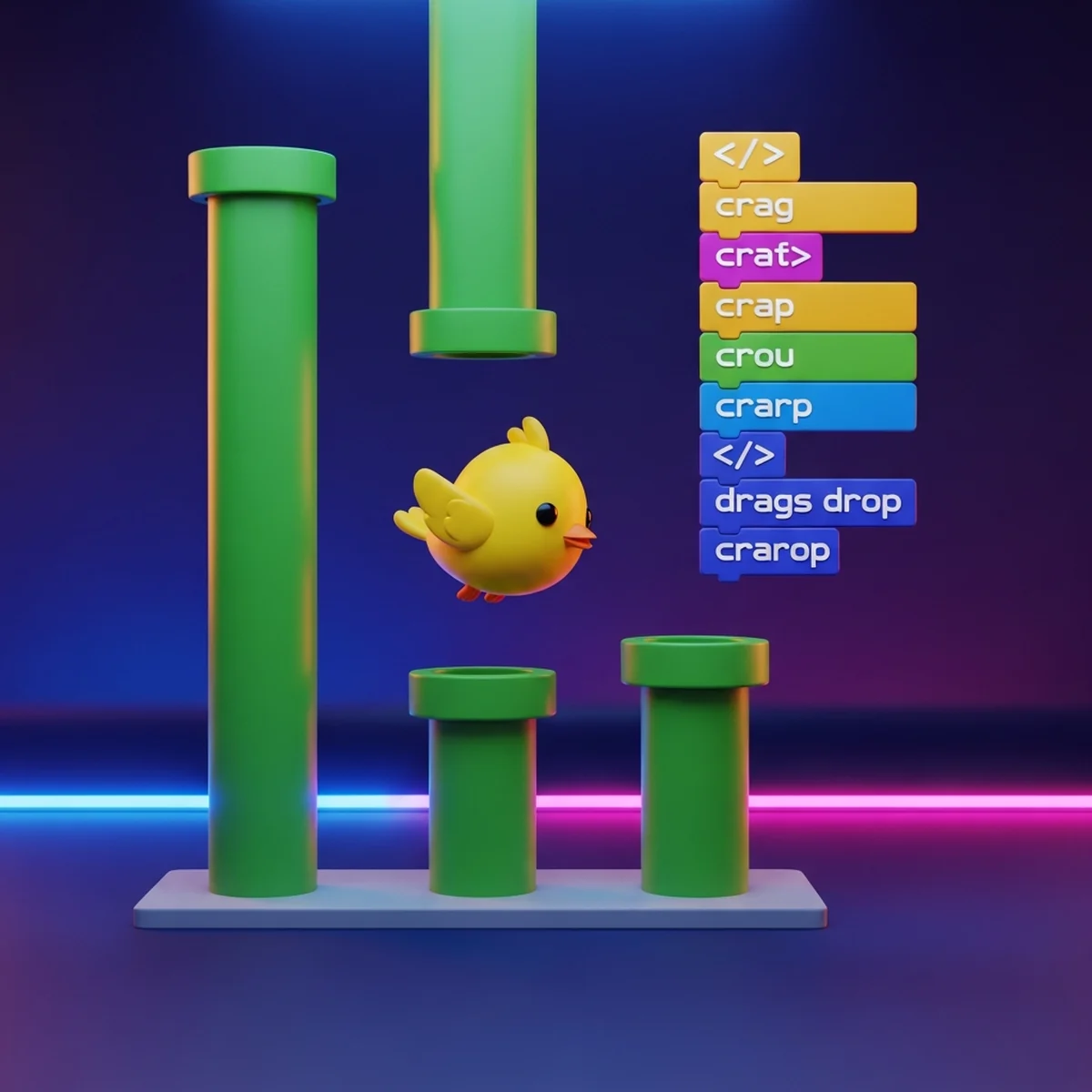 Tela do Scratch mostrando um pássaro amarelo voando entre canos verdes, com blocos de programação coloridos ao lado