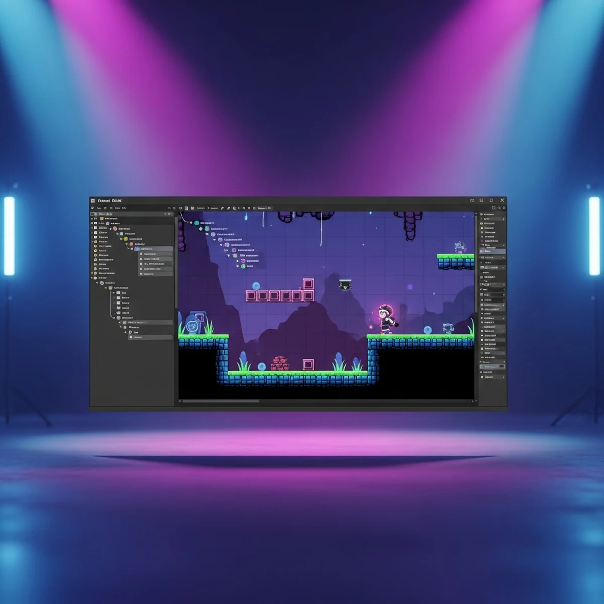 Editor do Godot aberto numa cena 2D com um personagem, plataformas e a árvore de nodes visível na lateral