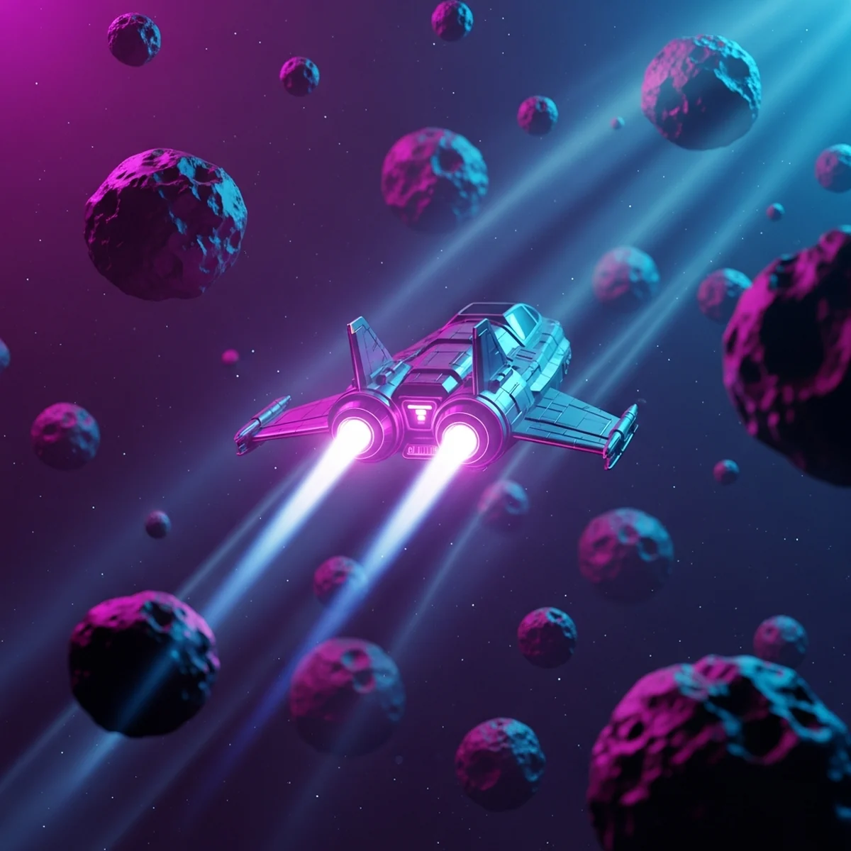 Nave triangular aplicando empuxo e atirando em asteroides que se partem em pedaços menores, no estilo do arcade clássico Asteroids feito na Godot