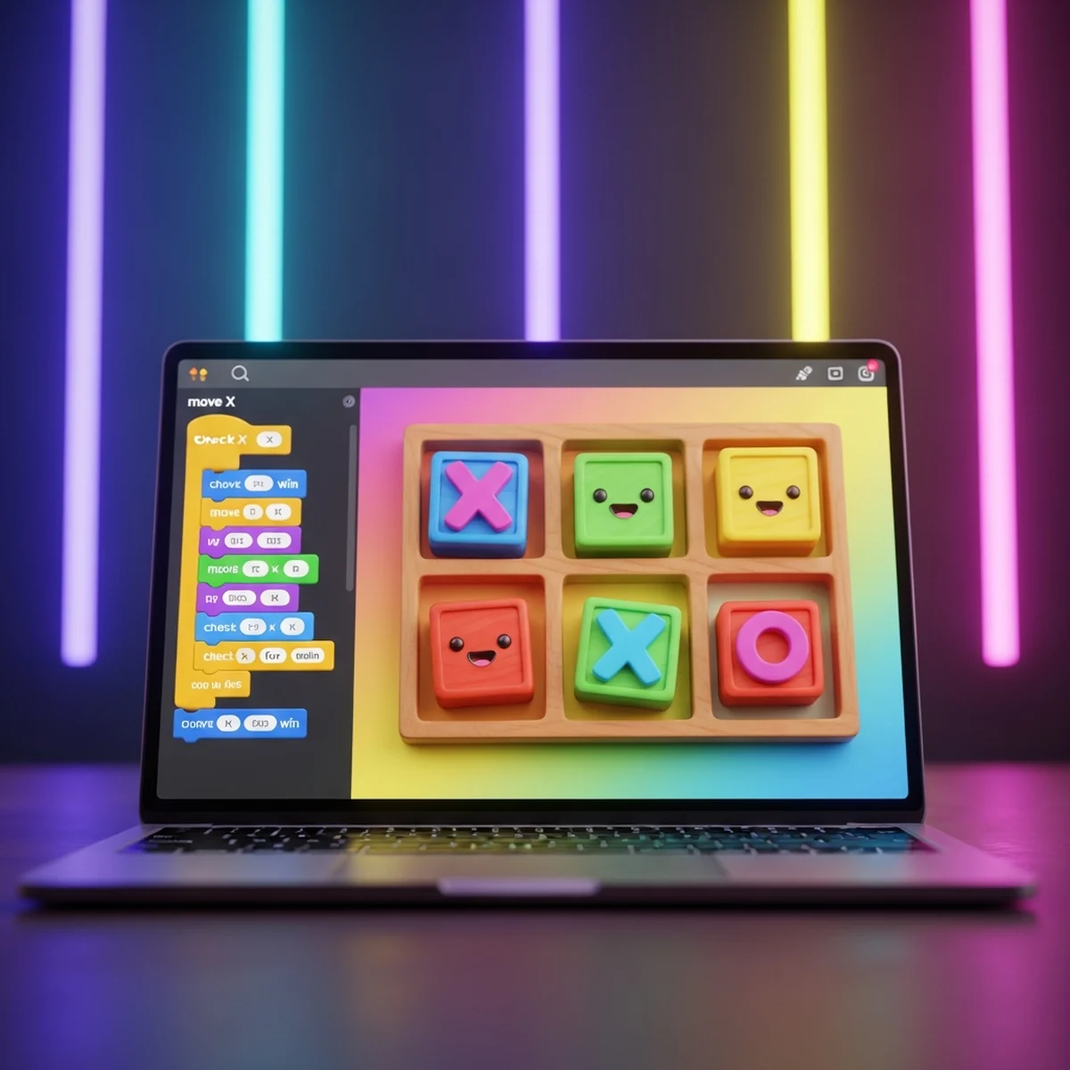 Tabuleiro de jogo da velha criado no Scratch com peças X e O coloridas