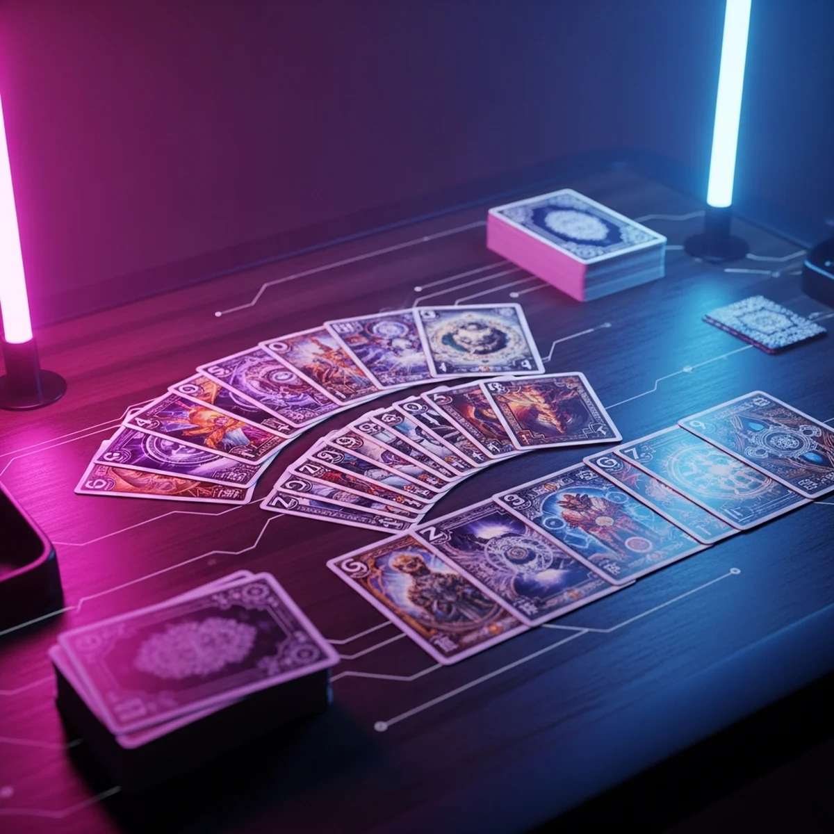 Mesa de jogo de cartas digital com cartas em leque na mão, pilha de compra e pilha de descarte, sem texto.