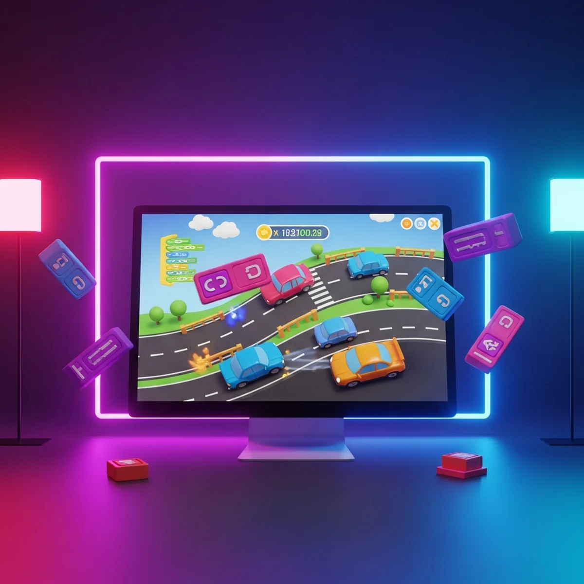 Palco do Scratch com um jogo de corrida visto de cima, carro desviando de outros carros na pista, com blocos coloridos de programacao ao lado