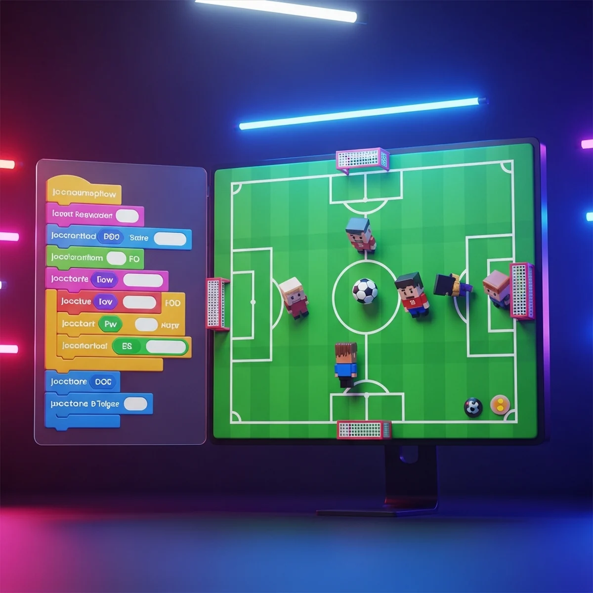Palco do Scratch com um jogo de futebol visto de cima, campo verde com jogador, bola e gol, com blocos coloridos de programacao ao lado