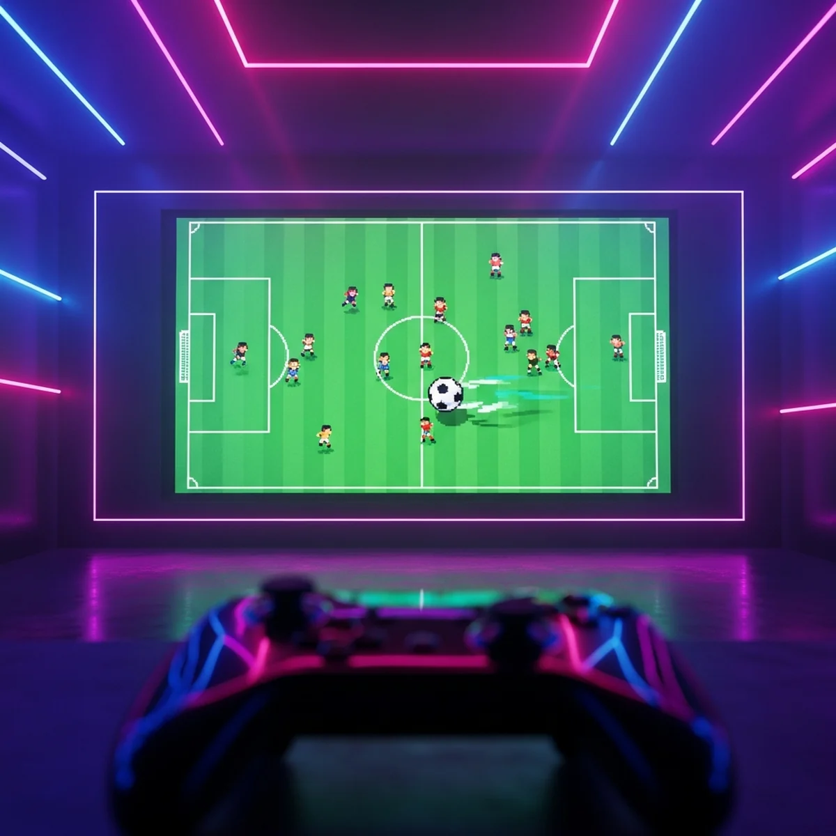 Partida de futebol em pixel art vista de cima, com jogadores de dois times disputando a bola numa arena fechada com um gol de cada lado