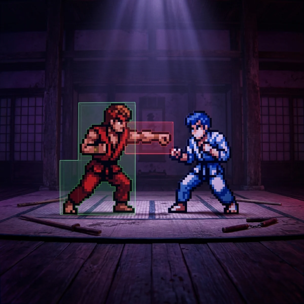 Dois lutadores em pixel art frente a frente numa arena, com caixas vermelhas e verdes desenhadas sobre o soco de um deles
