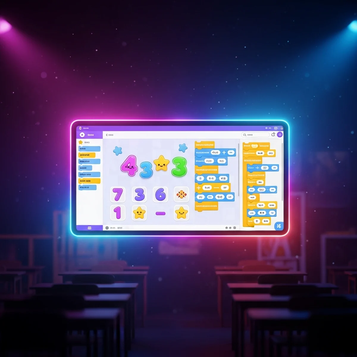 Tela de computador com jogo de matemática colorido feito no Scratch, com números e estrelas em estilo cartoon