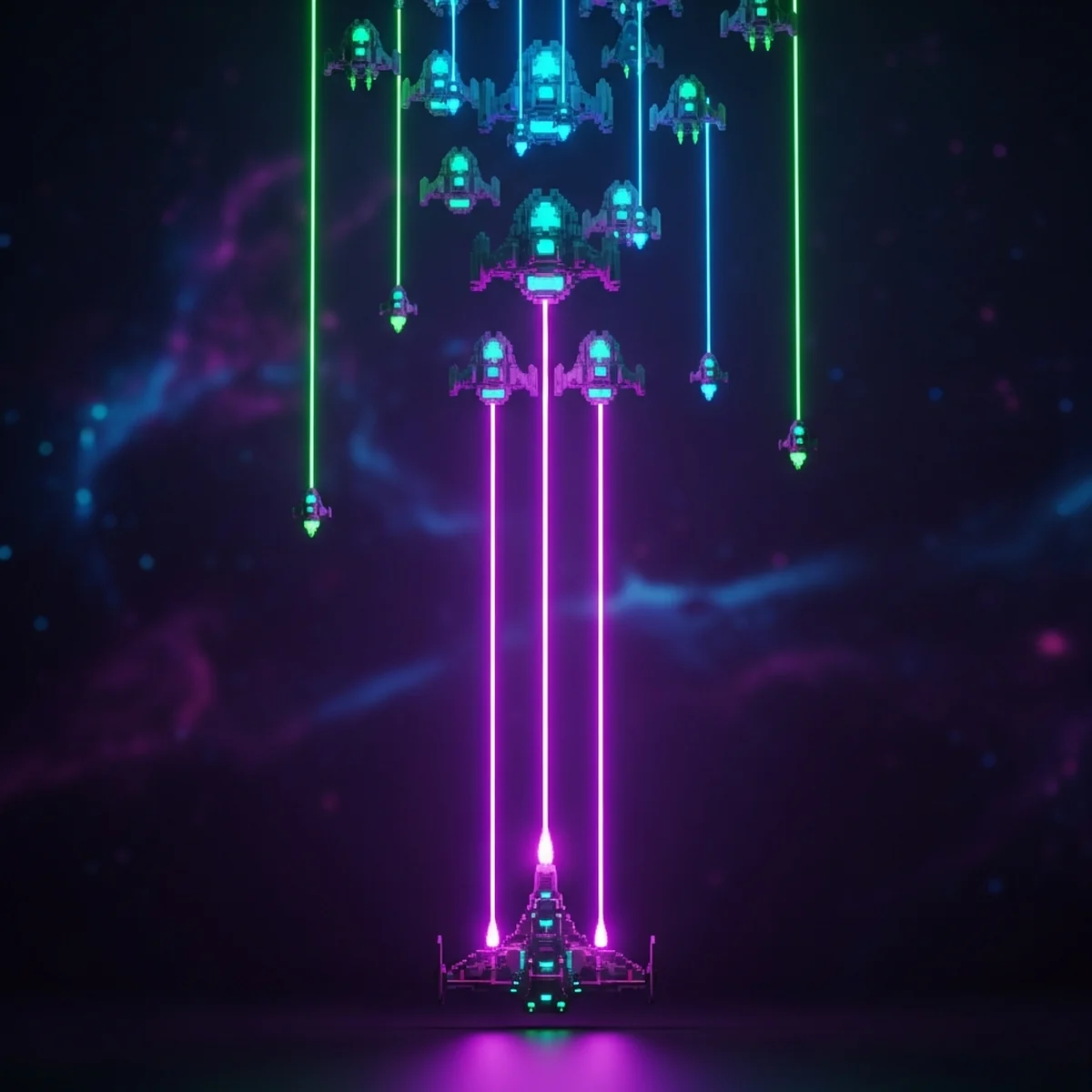 Nave espacial em jogo 2D estilo pixel art atirando projéteis contra inimigos que descem em formação no espaço, sem texto