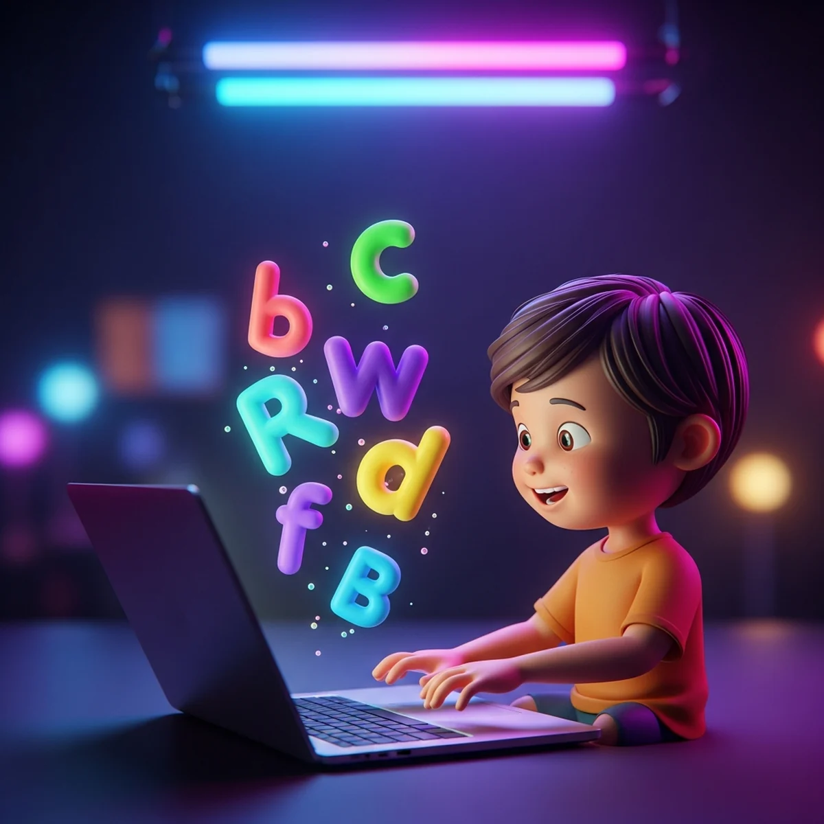 Tela de computador com jogo de palavras colorido feito no Scratch, com letras e balões de fala em estilo cartoon