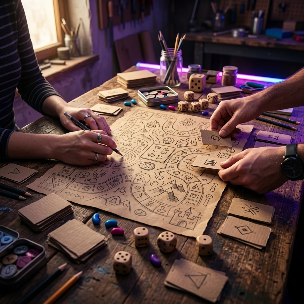 Maos rabiscando o prototipo de um jogo de tabuleiro em papel, com cartas e dados sobre a mesa