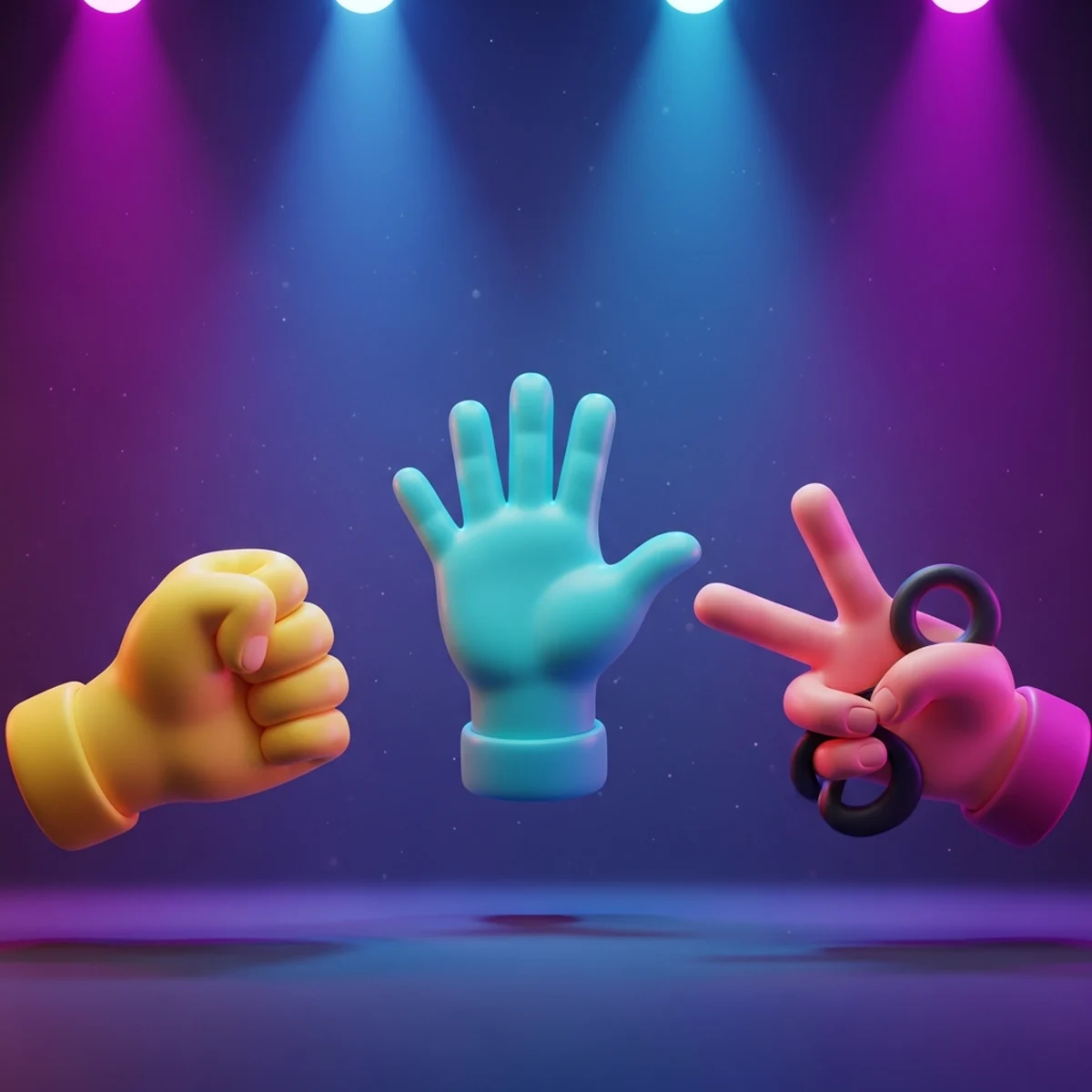 Ilustração colorida de mãos fazendo pedra, papel e tesoura sobre um cenário de programação em blocos