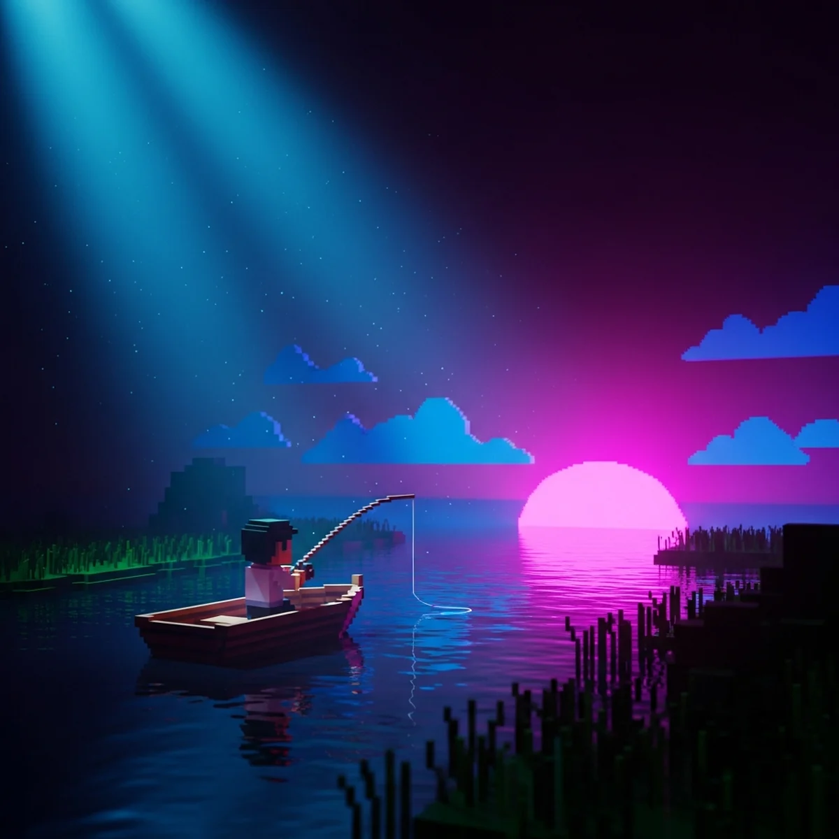 Cena de pesca em pixel art ao entardecer, personagem em um barco com a linha lançada no lago e uma barra de tensão de minigame visível na tela