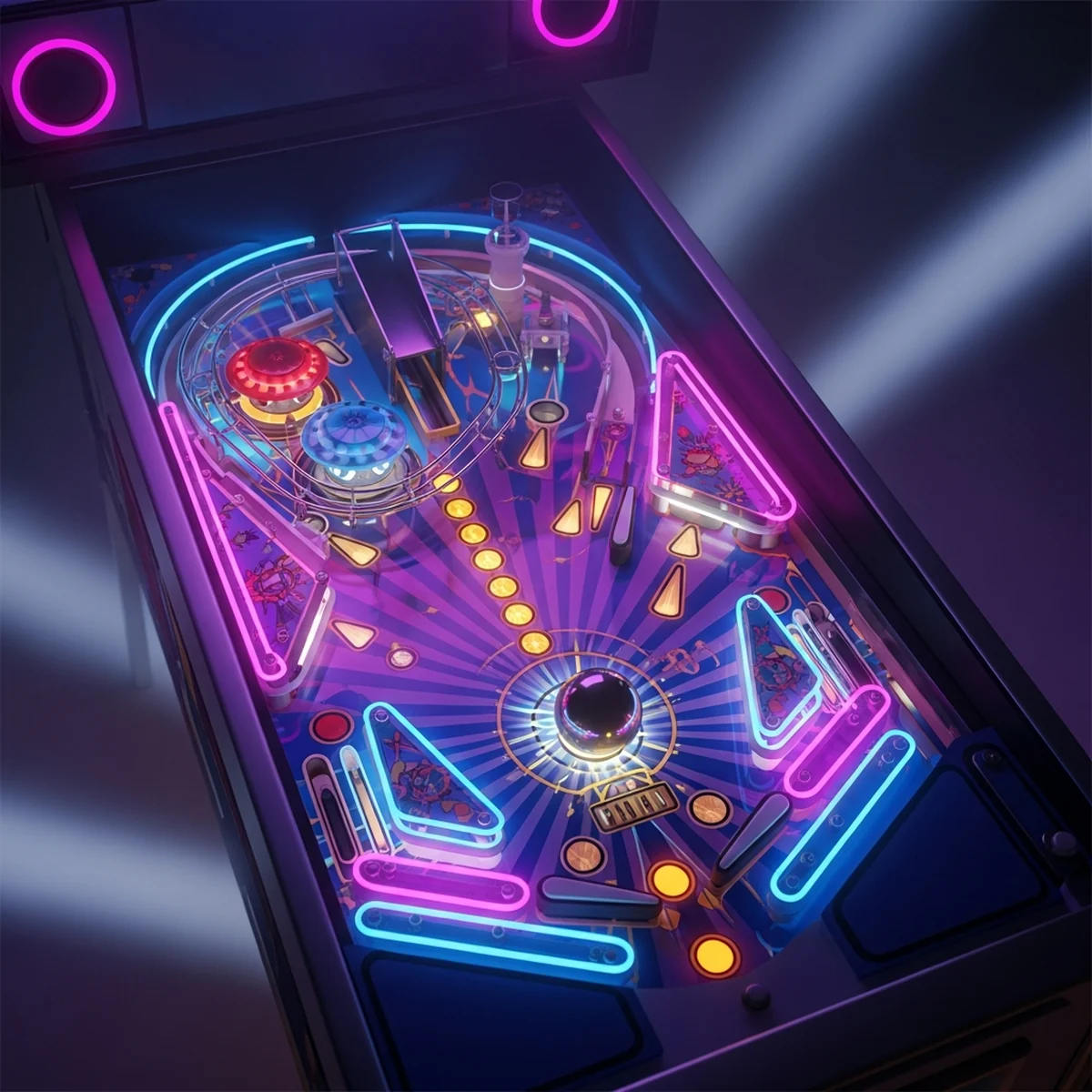 Mesa de pinball 2D feita no Godot 4 com flippers, bumpers e bola em movimento