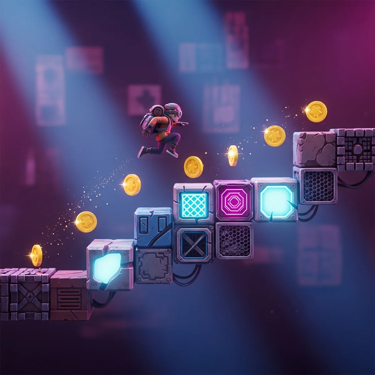 Cena de um jogo de plataforma 2D feito no Godot com personagem pulando entre blocos