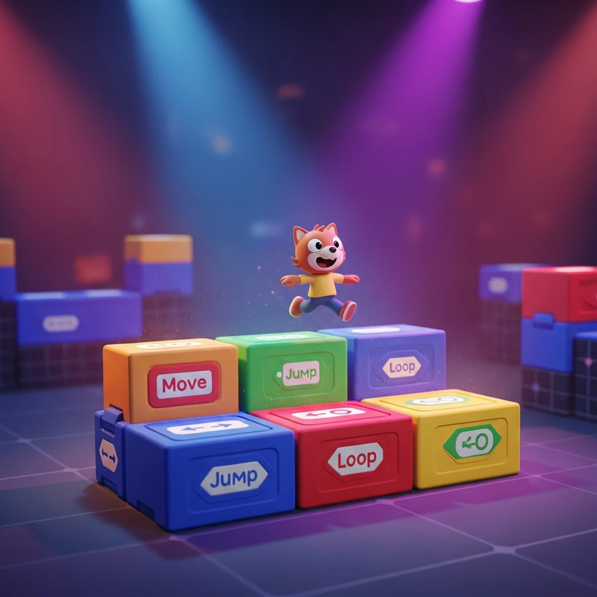 Palco do Scratch com um jogo de plataforma 2D, personagem pulando entre blocos de chão em direcao a uma bandeira, com blocos coloridos de programacao ao lado
