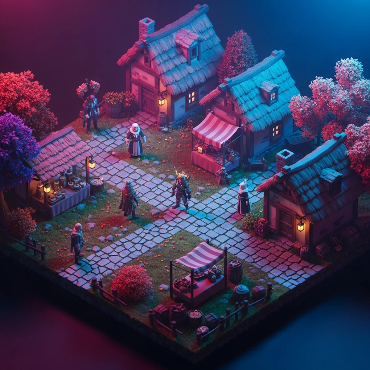 Cena de RPG 2D top-down com personagem no centro, dois NPCs e uma interface de menu lateral aberta