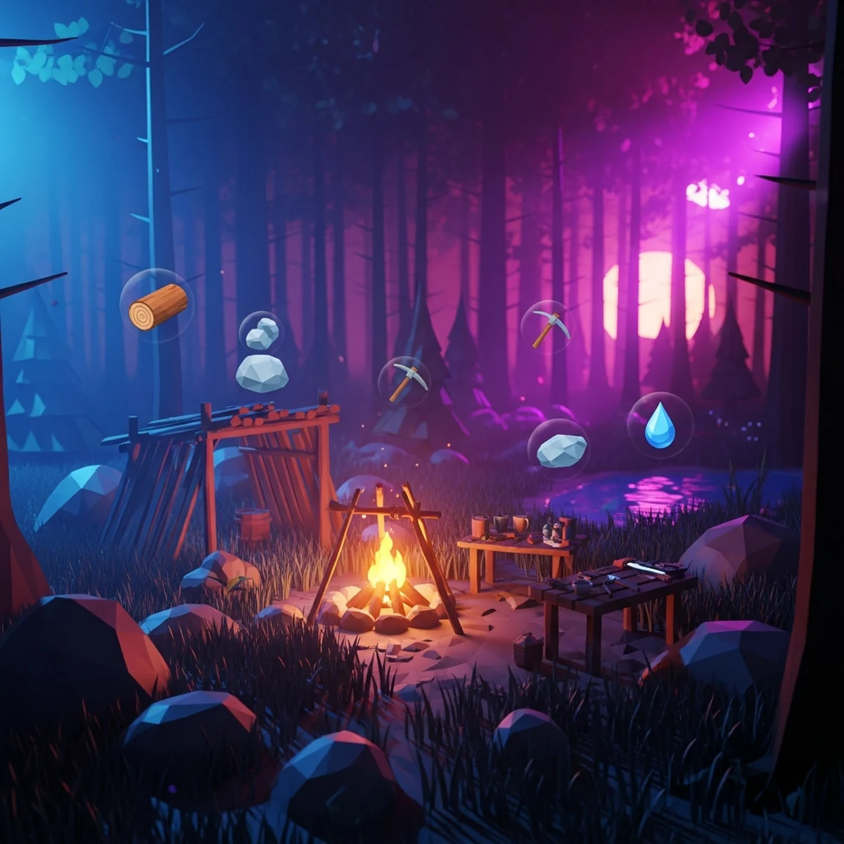 Cena low poly de jogo de sobrevivência com fogueira, mesa de craft, abrigo de madeira e ícones de recursos flutuando numa floresta ao pôr do sol