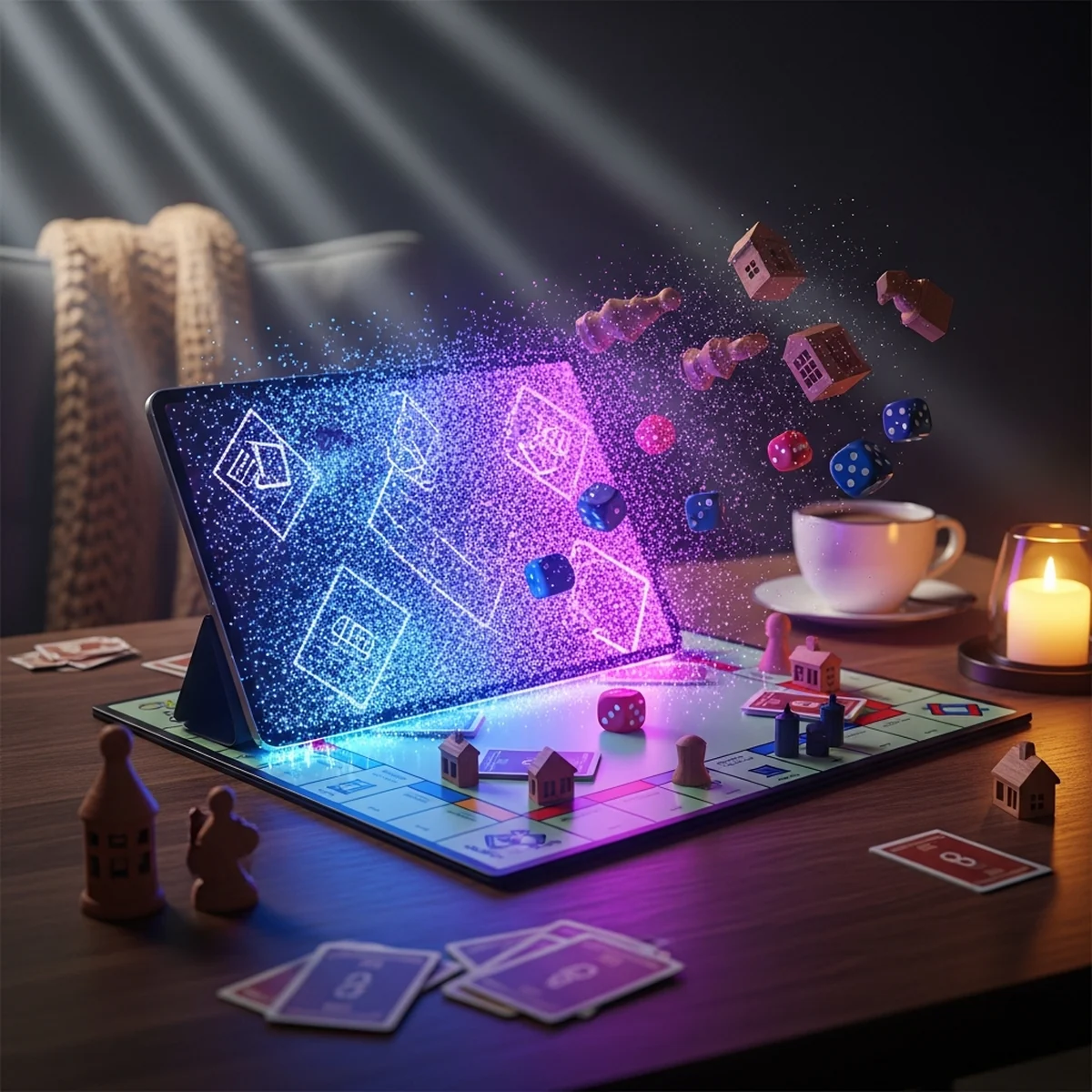 Jogo de tabuleiro clássico se transformando em versão digital na tela de um tablet, com peças e dados virando pixels sobre uma mesa aconchegante.