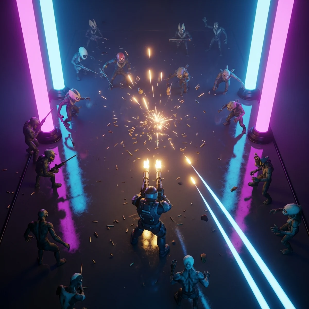 Cena de jogo top-down com personagem no centro mirando com uma arma e vários inimigos se aproximando ao redor