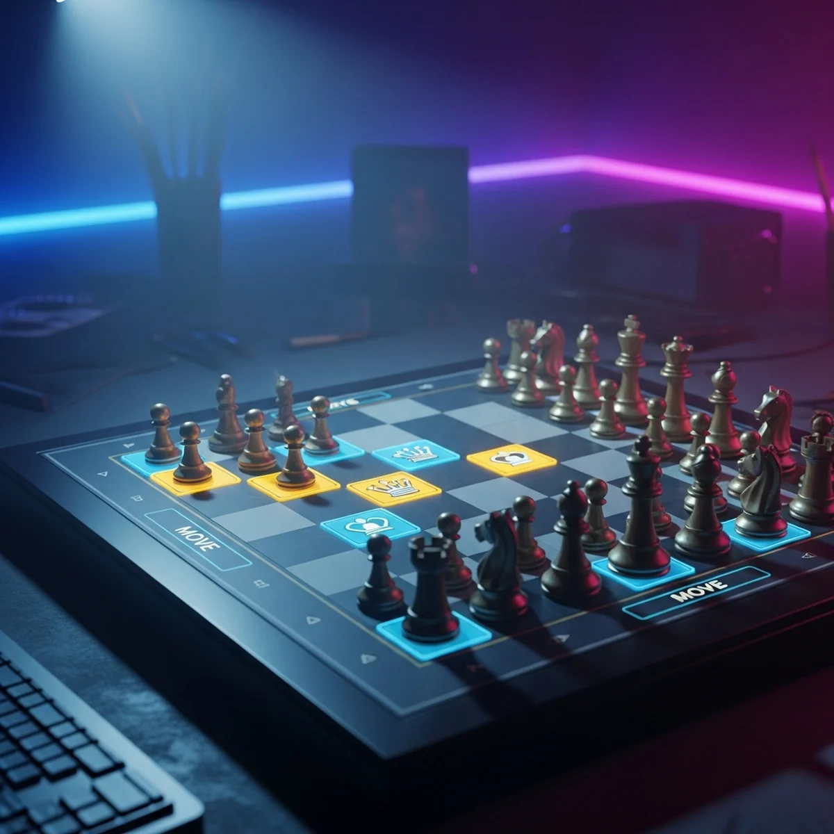 Tabuleiro de xadrez digital feito na Godot 4, com casas destacadas mostrando os movimentos legais de uma peça selecionada