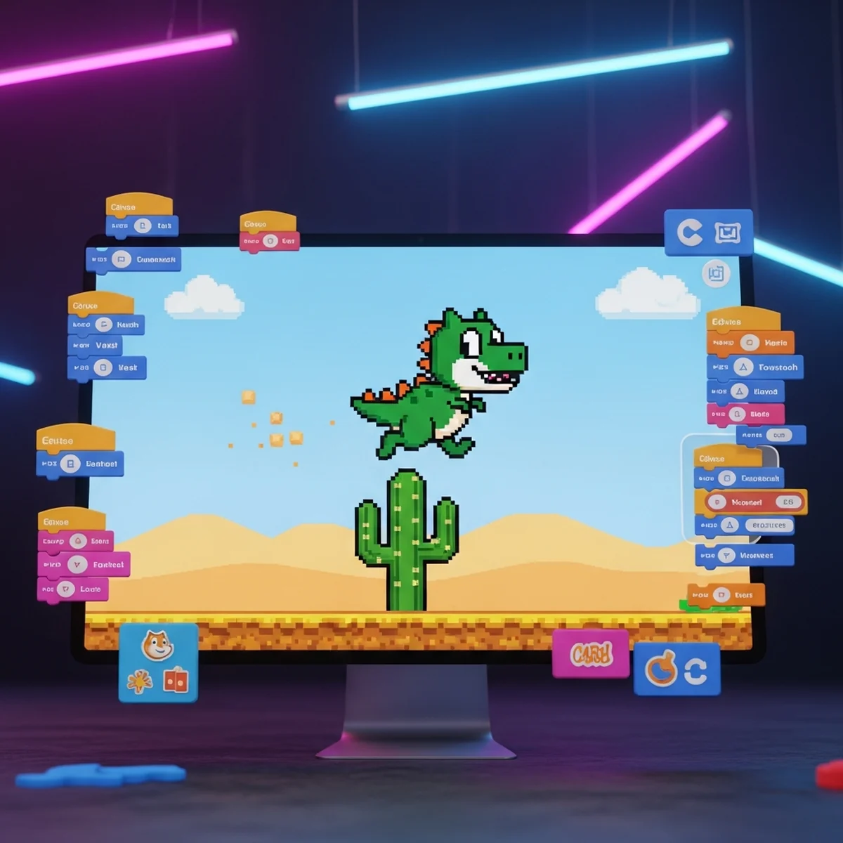 Tela do Scratch mostrando um dinossauro pulando sobre um cacto verde no deserto, com blocos de programação coloridos ao lado