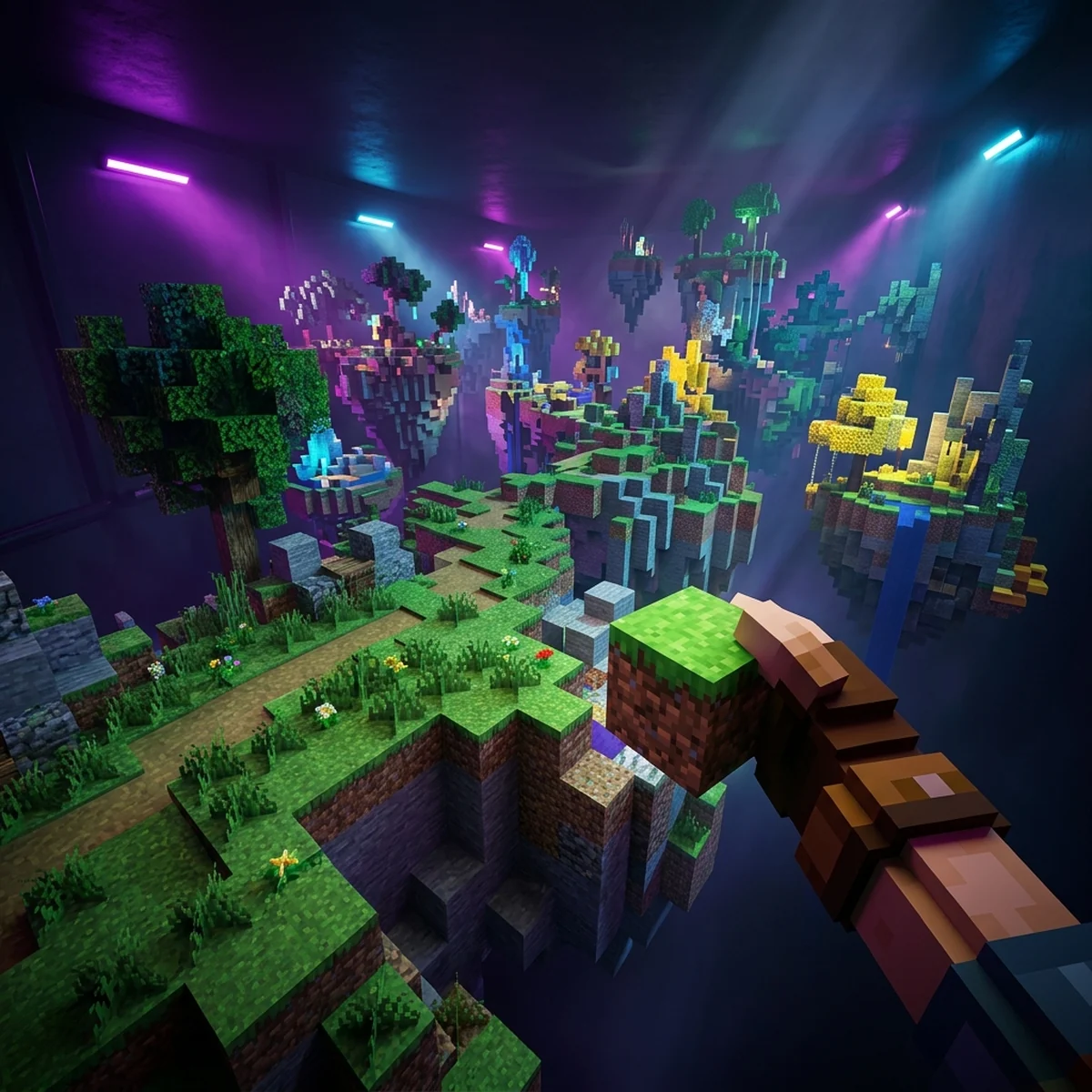Terreno de blocos coloridos estilo voxel visto em primeira pessoa, com colinas de grama, terra e pedra geradas proceduralmente