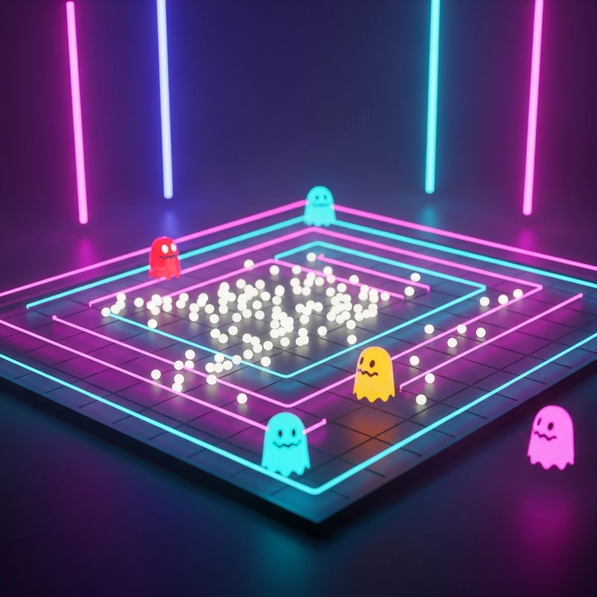 Labirinto neon estilo arcade com pellets brilhantes e fantasmas coloridos representando um clone de Pac-Man feito na Godot
