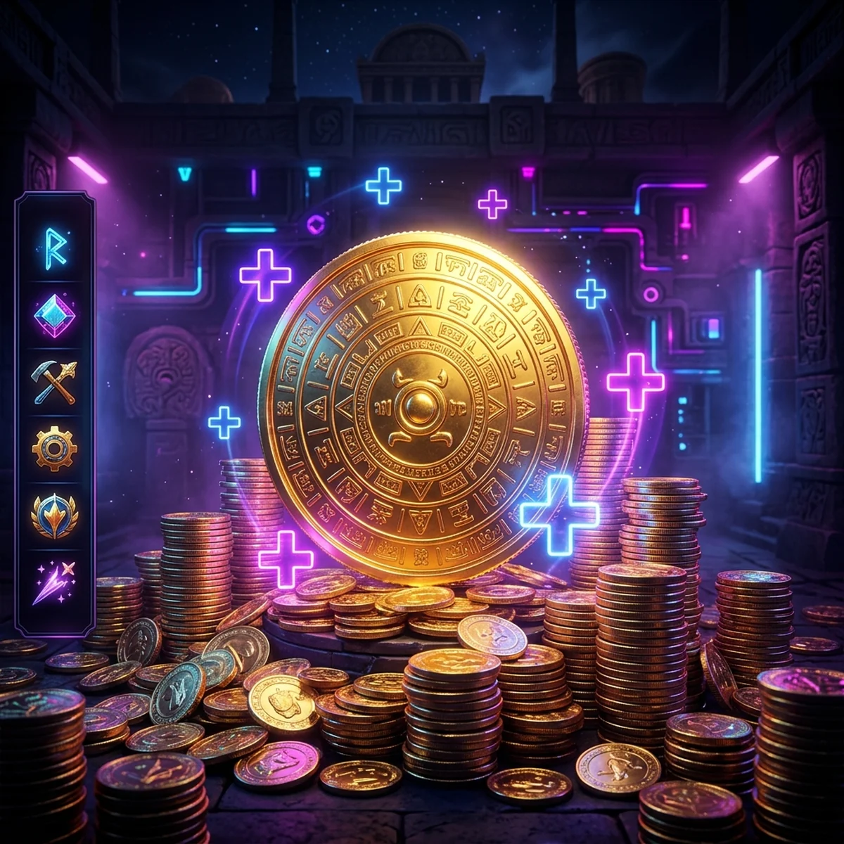 Tela de jogo idle com uma moeda dourada gigante no centro, números enormes subindo e uma lista de upgrades ao lado