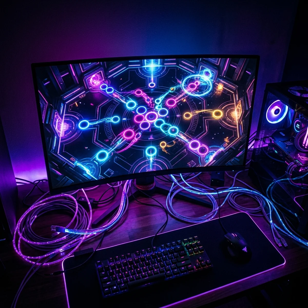 Círculos coloridos de tamanhos diferentes em uma arena escura estilo agar.io, com um círculo maior prestes a engolir um menor e nomes flutuando sobre eles