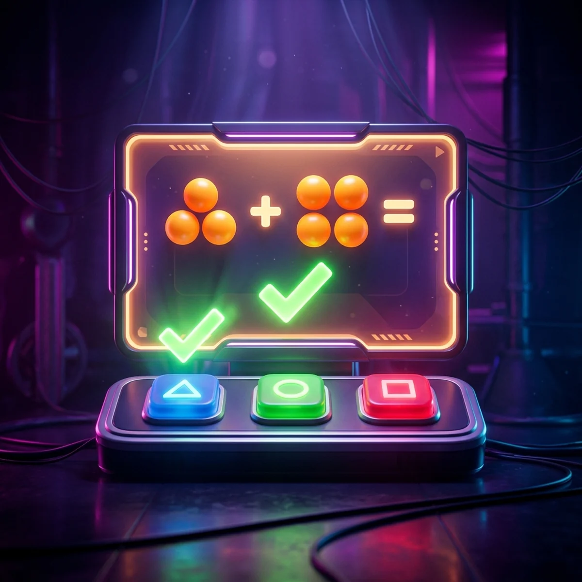 Tela de um jogo simples de contas com um numero grande e tres botoes de resposta coloridos