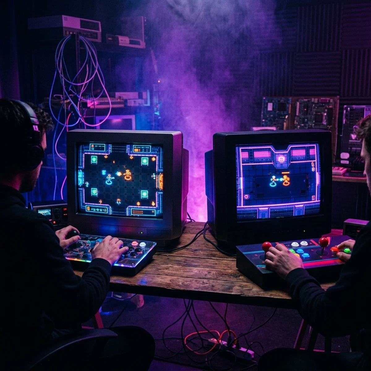 Duas janelas do GameMaker lado a lado conectadas por uma linha de rede