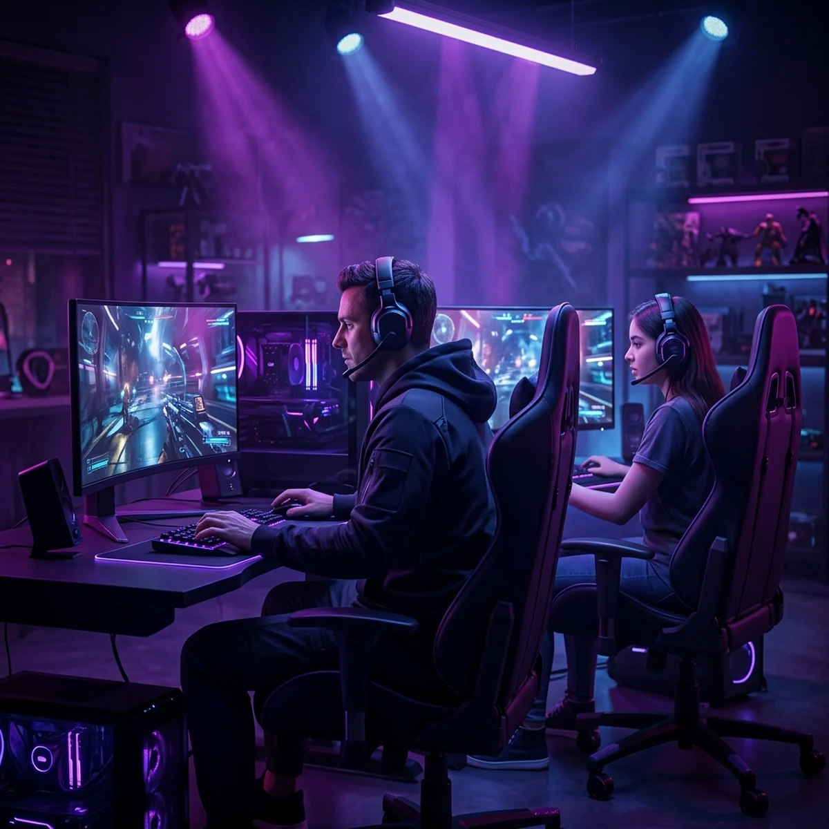 Dois jogadores conectados no mesmo jogo feito no GDevelop, cada um controlando seu personagem na mesma cena
