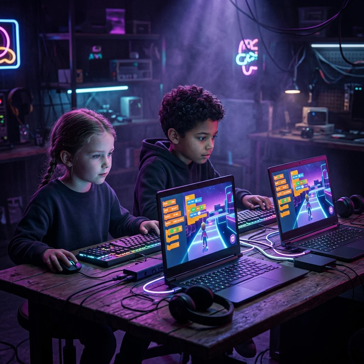 Tela do editor Scratch com um bloco de variável na nuvem destacado e dois personagens na mesma cena