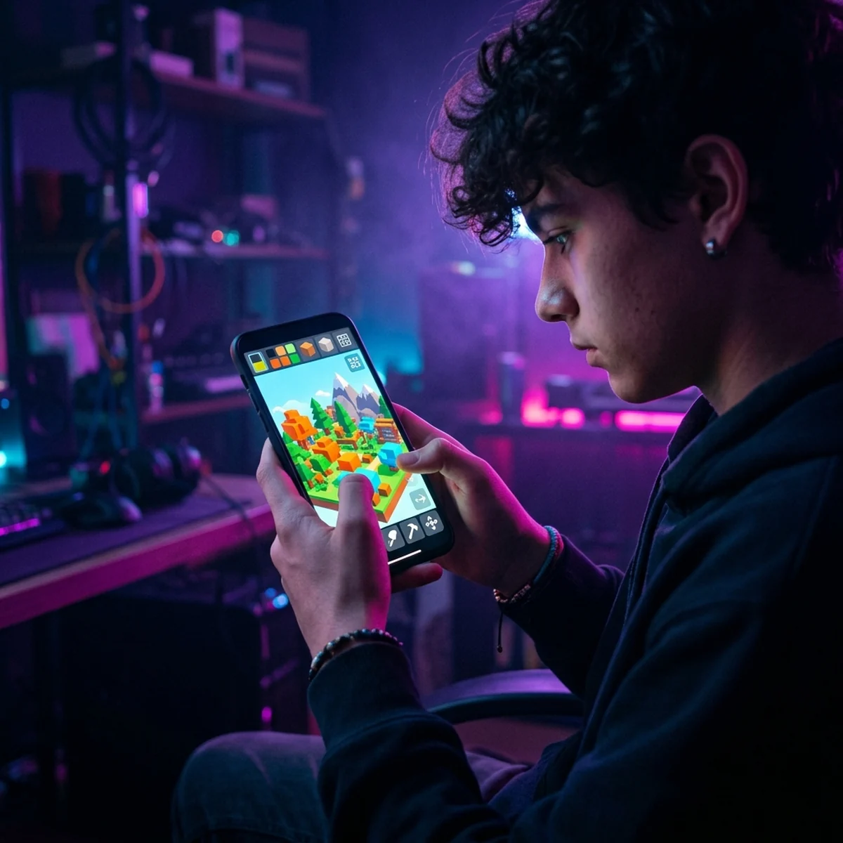 Adolescente mexendo num projeto de Roblox pela tela de um celular, com blocos 3D e um painel de edição simplificado