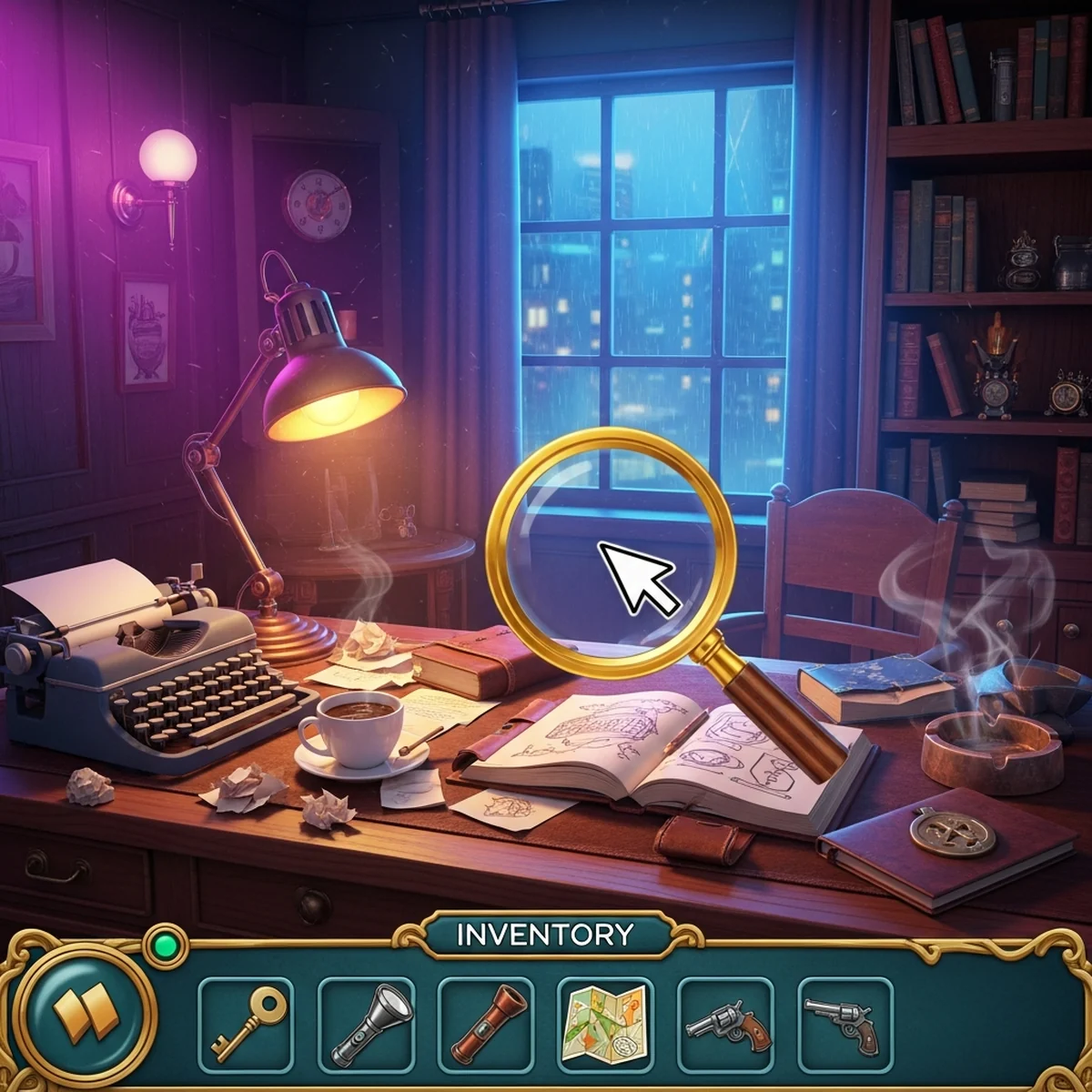 Personagem de aventura em um escritório misterioso apontando para uma porta trancada, com itens de inventário na parte de baixo da cena